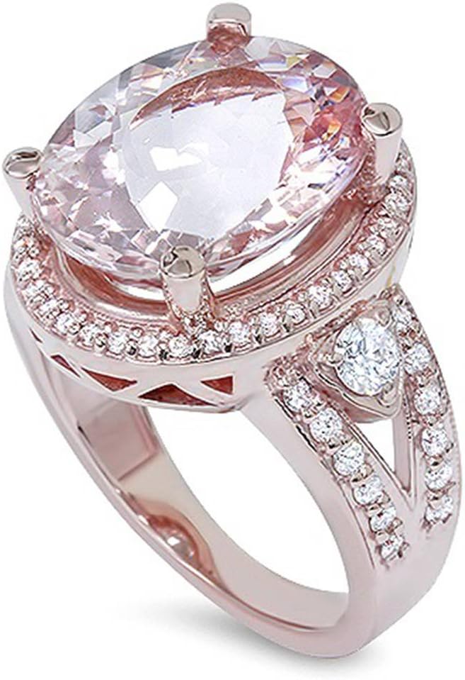 9ct Morganite & Diamond Engagement Ring 14K Rose Gold Halo Split Shank - Size 7