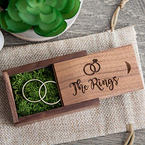 MUUJEE The Rings - Walnut Wood Ring Box with 2 ring slots, Small Wedding Ring Bearer Box, Wedding Photo Prop