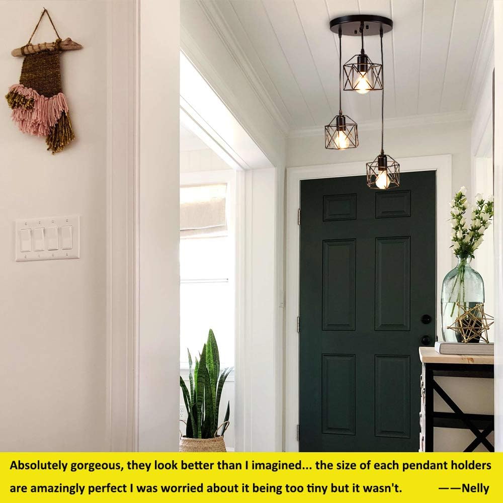 DLLT Vintage Pendant Light, Adjustable Mini Hanging Pedant Lights Fixture with 3-Light Cage Shade, Flush Mount Ceiling Swag Lighting for Kitchen/Dining Room/Hallway/Bedroom, E26 Base (Black) - - 