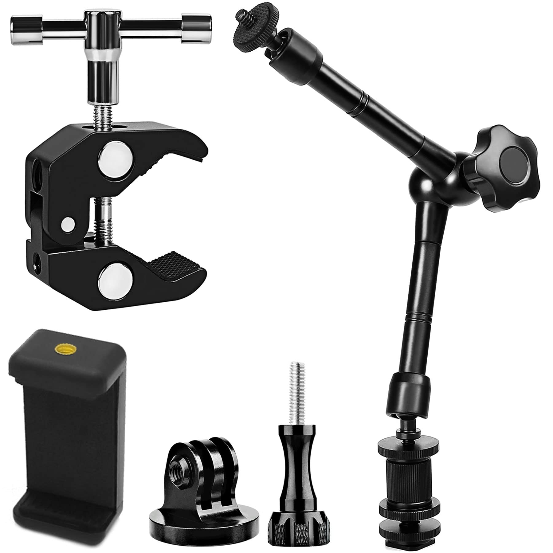 Photo 1 of Niewalda Magic arm Camera Mount ?articulating arm- 11 Inch Metal Adjustable Friction Articulated arm with Super Clamp/Phone Clip, for Various Action Camera/DSLR/LCD Monitor/LED Lights/Cell Phone
