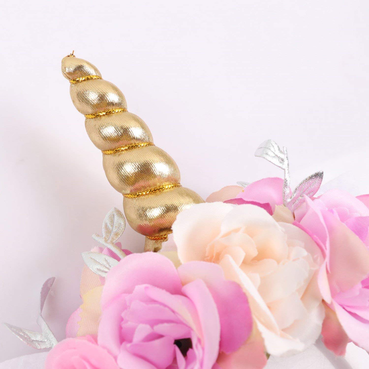 Kids Girls Unicorn Headband Gold Horn Ears Flower Headband Glitter Horn Headband Flowers Headwear Accessory for Christmas Party Cosplay Costume Birthday