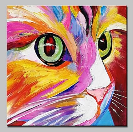 Zlyyh Peinture A L Huile Peinte A La Main Sur Toile Abstract Animal Peinture Coloree Et Simple Chat Mignon Face Maison L Art De Mur Photo Pour Salon Chambre A Coucher Chambre D Enfant Murale Corridor Amazon Fr Cuisine