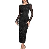 HomRain Women's Sparkly Mesh Maxi Summer Dress Long Sleeve Bodycon Dresses for Wedding Guest Outfit