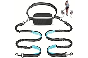 Hands-Free Adjustable Dog Leash Double Handles Elastic Retractable Rope Sturdy Metal Clips Black Teal Durable Pet Leash for M
