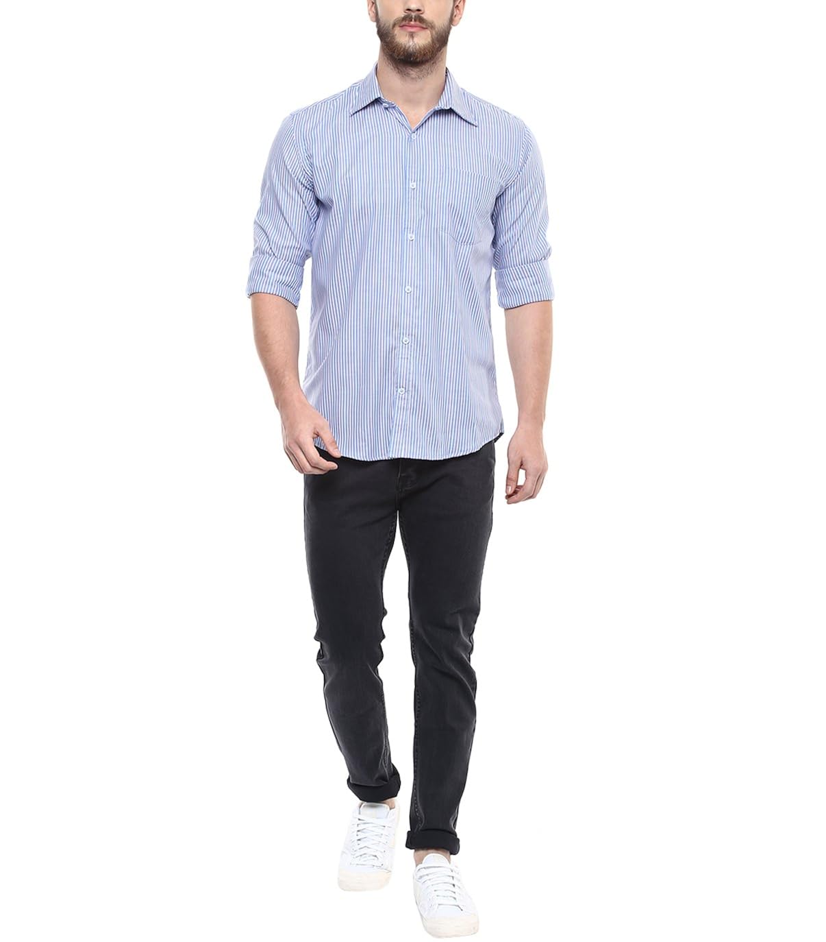american crew men's stripes shirt with pocket (blue)