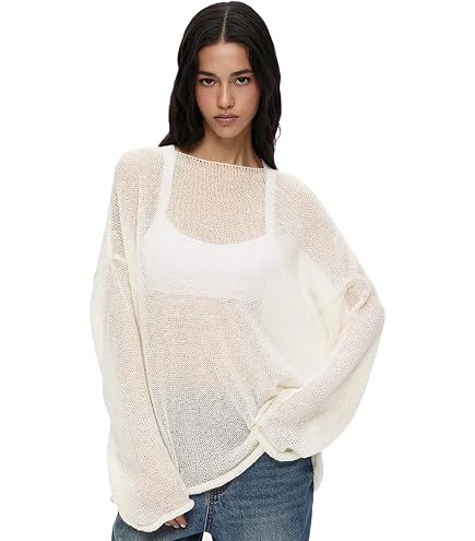 Women Oversized Long Sleeve Sheer Mesh Knit Sweater Tops, mesh