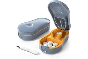 ZHIYES Pill Cutter Splitter for Small and Tiny Pills - 1/2 Accurately Cuts -Easy Open Snap Button.Wrap-Around Blade Guard Prevents Cuts. Detachable V-Shaped Pad. Back Storage(Blue)