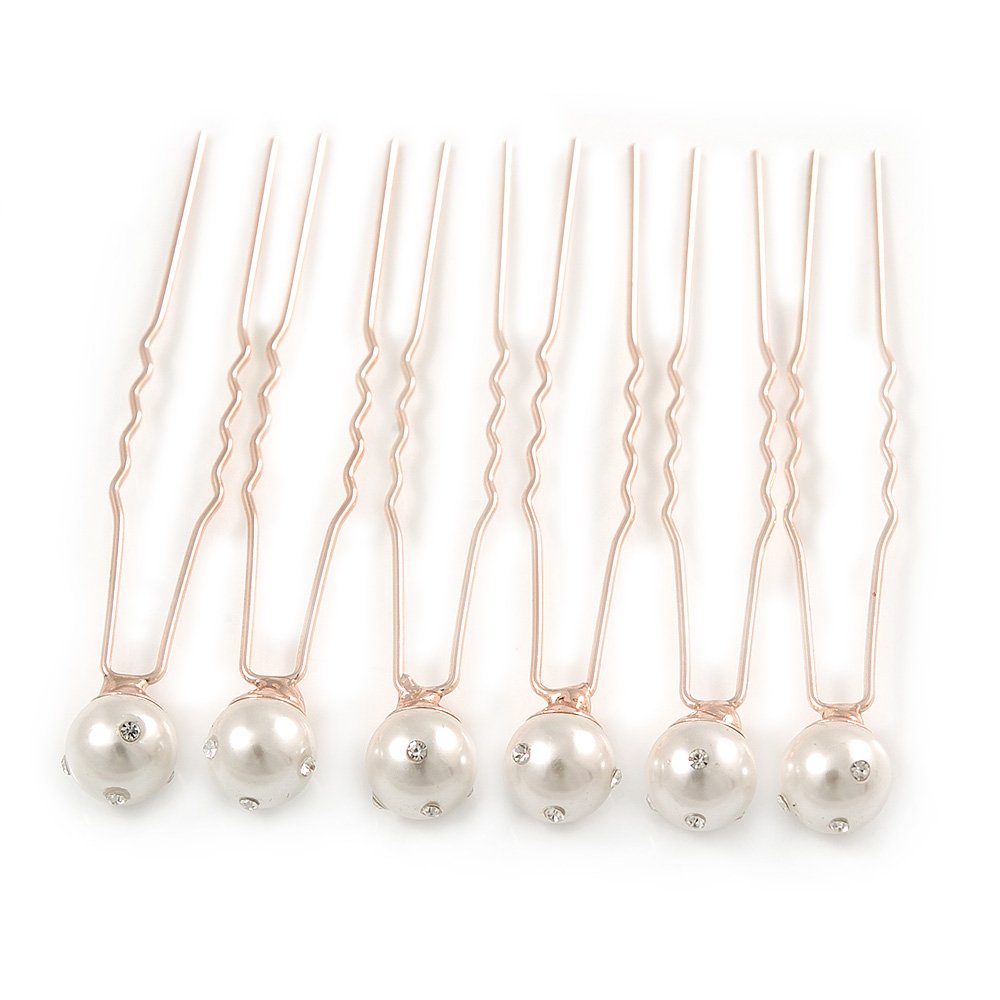 Bridal/Wedding/Prom/Party Set Of 6 Rose Gold Plated 10mm Crystal Simulated Pearl Hair Pins