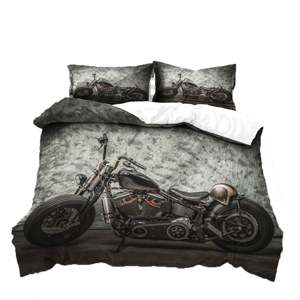 Kids Boys Vintage Motorbike Duvet Cover Boys Single Duvet Set 3D Motorcycle Decor Bedding Set Ultra Soft Motorcross Comforter Cover for Adult Teens Children Modern Black Gray Duvet Cover Retro
