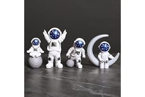 Blue White Astronaut Statues Set of 4, Spaceman Sculpture Figurines Outer Space Theme Decor for Nursery Room Desk Cake Topper