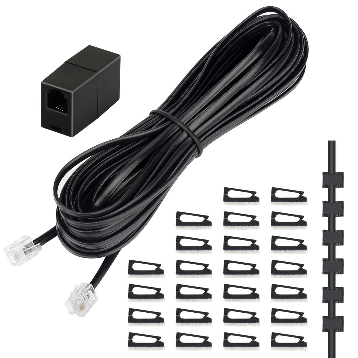 Photo 1 of Uvital Phone Extension Cord 33 Ft, Telephone Cable with Standard RJ11 Plug and 1 in-Line Couplers and 20 Cable Clip Holders, Black