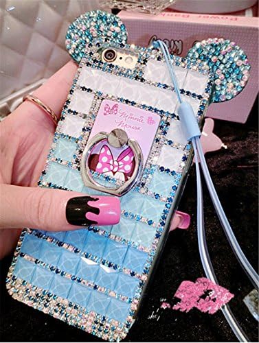 Bling Samsung Galaxy S8 Plus Diamond Case With Chain,Chanyaozy[DIY][Luxury][Stand]Glitter Diamond Mouse Ears Soft Rubber Case For Samsung S8+ 6.2 Inch (Blue With Ring Holder)