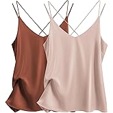 Ekouaer Womens 2-Pack Silk Satin Camisole Tank Top V Neck Sexy Cross Back Spaghetti Strap Cami Sleeveless Lounge Tops S-XXL