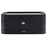 WOLF Windsor 10-Piece Watch Box with Drawer, Black - Features 10 Watch Compartments, Eight Ring Rolls & 17 Jewelry Compartments - Vegan Leather Exterior