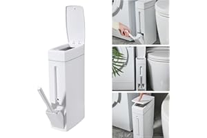 Xugoox Slim Bathroom Trash Can and Toilet Brush Set, Narrow Toilet Trash Can with Pop-up Lid, Brush & Holder, 5L Garbage Can 