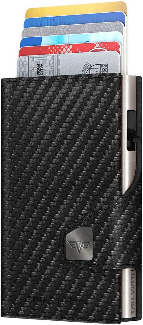 Tru Virtu® Wallet RFID / NFC Protection – Click & Slide Carbon Black/Silver – Card Holder with Note Compartment Made of Aluminium & Leather for Men and Women – 9.9 x 6.7 x 2.1 cm