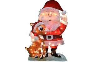 PRODUCTWORKS 32-Inch Pre-Lit Santa and Rudolph Christmas Yard Decoration, 70 Lights