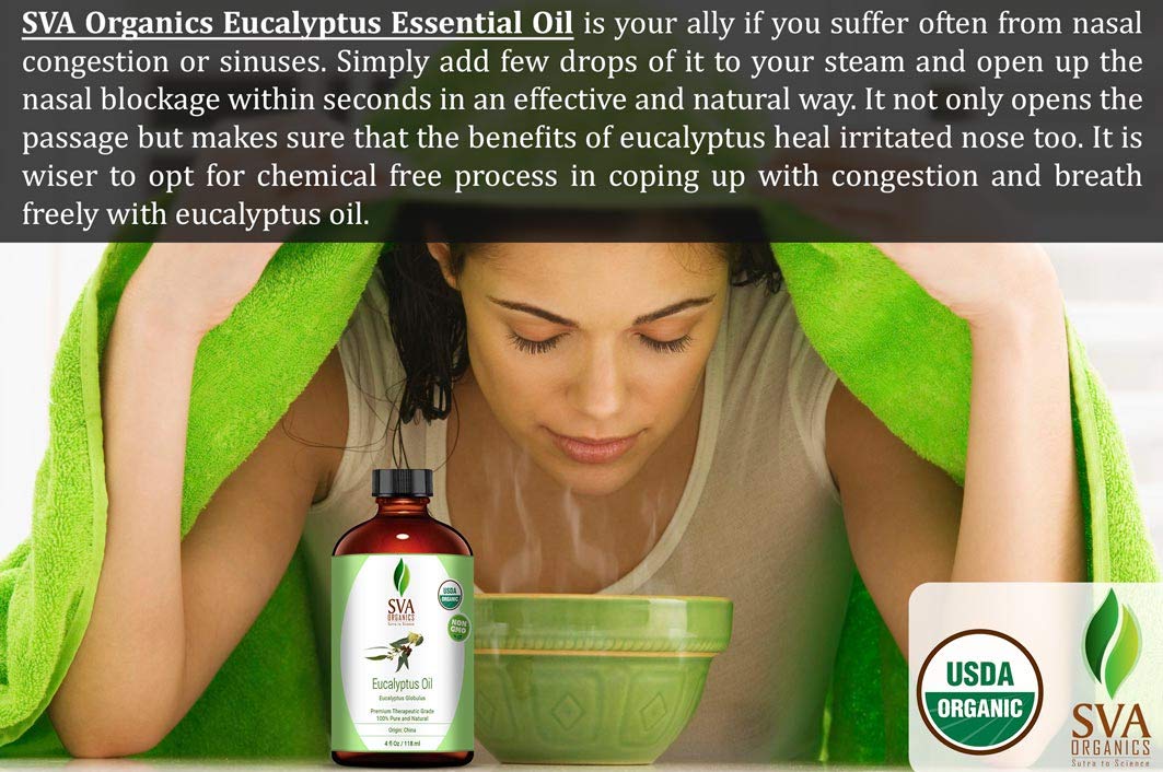 SVA Organics Eucalyptus Essential Oil Organic 4 Oz USDA with Dropper 100% Pure Natural Undiluted Premium Therapeutic Grade Oil for Diffuser, Aromatherapy, Face, Body & Hair Care: Beauty