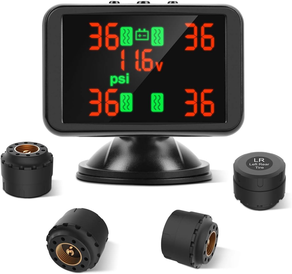 CWWHY TPMS Wireless Tire Pressure Monitoring System, LCD Screen Real-time Displays 4 Tires' Pressure and Temperature, 4pcs External Sensors, Real-time Alarm Function