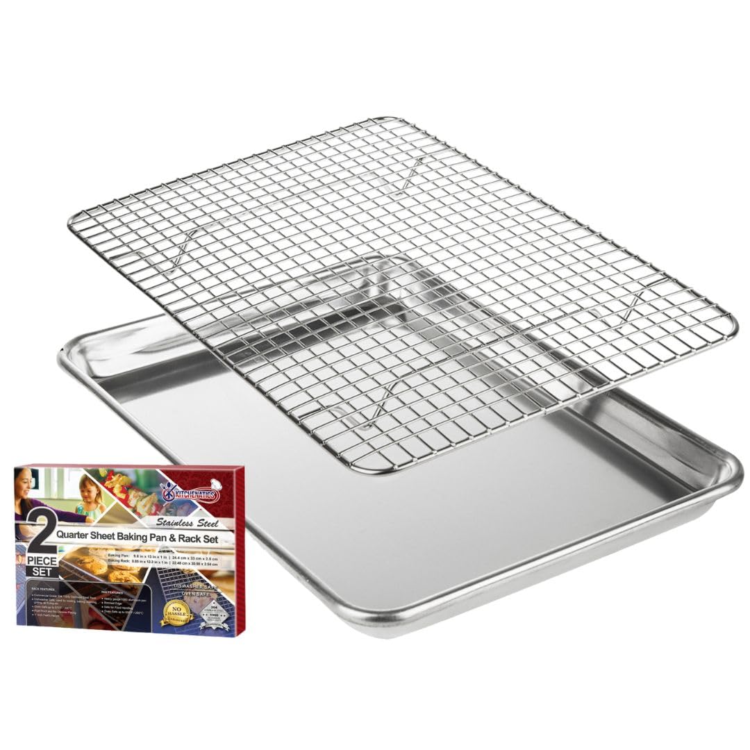 Quarter Baking Sheet & Cooling Rack - Small 1/4 Aluminum Pan With Stainless Steel Wire Rack Set - Cookie Sheets for Oven - Sheet Pan Tray - 24.4 x 33.02 CM