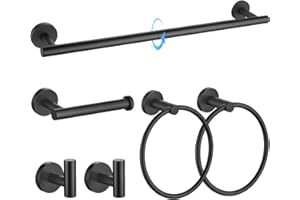 TQKAG Matte Black Bathroom Hardware Set 6-Piece Bathroom Accessory Set 23.6 Inch Round Stainless Steel Towel Bar Set Wall Mounted