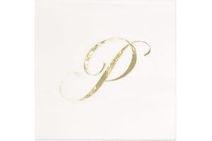 GIFT BOUTIQUE 100 Gold Monogram Cocktail Napkins Letter P Disposable Paper Pack Elegant Metallic Golden Foil Hand Napkin for Powder Room Wedding Holiday Birthday Party Baby Shower Decorative Towels
