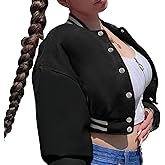 Xaspee Women's Casual Baseball Jacket Faux Leather Colorblock Button Crop Bomber Jacket