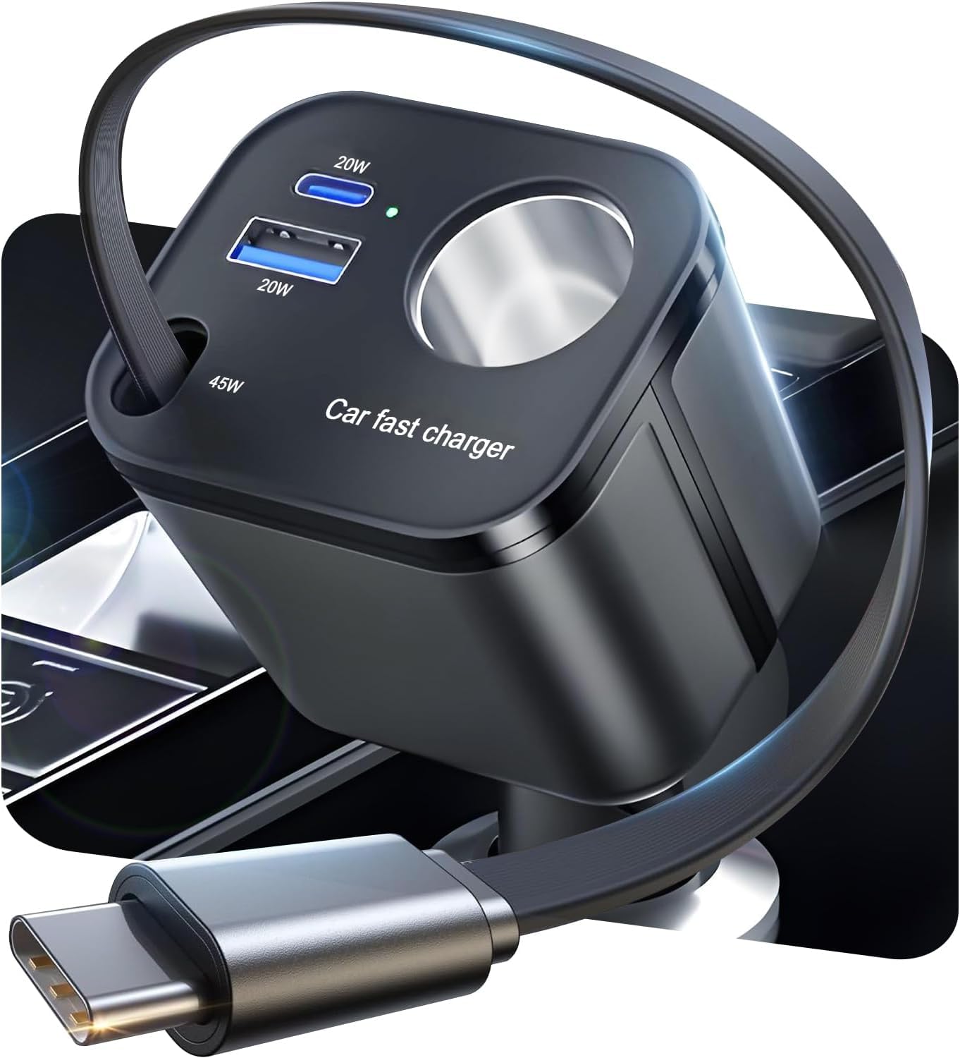 4 in 1 Retractable Car Charger, [60% Smaller] 145W USB C Cigarette Lighter Adapter, Socket Splitter with Retractable Cable&USB-C/A Port, 12V/24V Fast Charging Car Phone Charger for iPhone 17 Pro Max