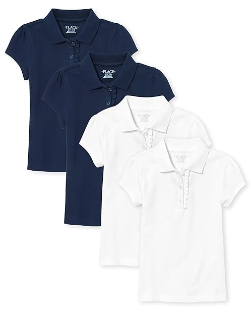 The Children's Place Girls Short Sleeve Ruffle Pique Polo,Tidal/White 4 Pack,XS (4)