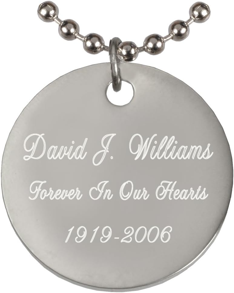 Memorial Jewelry: Silver Rhodium Plated Engraved Round Tag with Free 12 Inch Chain