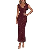 Lazysmile Womens Floral Embroidered Maxi Dress Sleeveless V Neck Tie Strap Ribbon Flower Mesh Party Cocktail Dresses