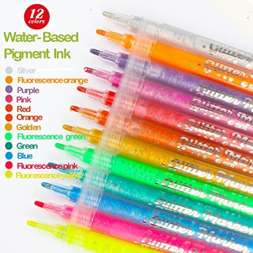 Taotree 12 Glitter Markers Glitter Pens Set Coloring Pens Painting Art Markers Highlighters for DIY Card Making Drawing Coloring Photo Album Birthday Gift Thank You Card