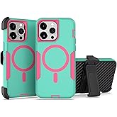 showdd Designed for iPhone 15 Plus/iPhone 14 Plus Case,Magnetic,Double Protection,Tough Durable,Compatible with MagSafe,Detachable Back Clip,Dustproof,No Fading,No Yellowing,Non-Slip,Green Rose