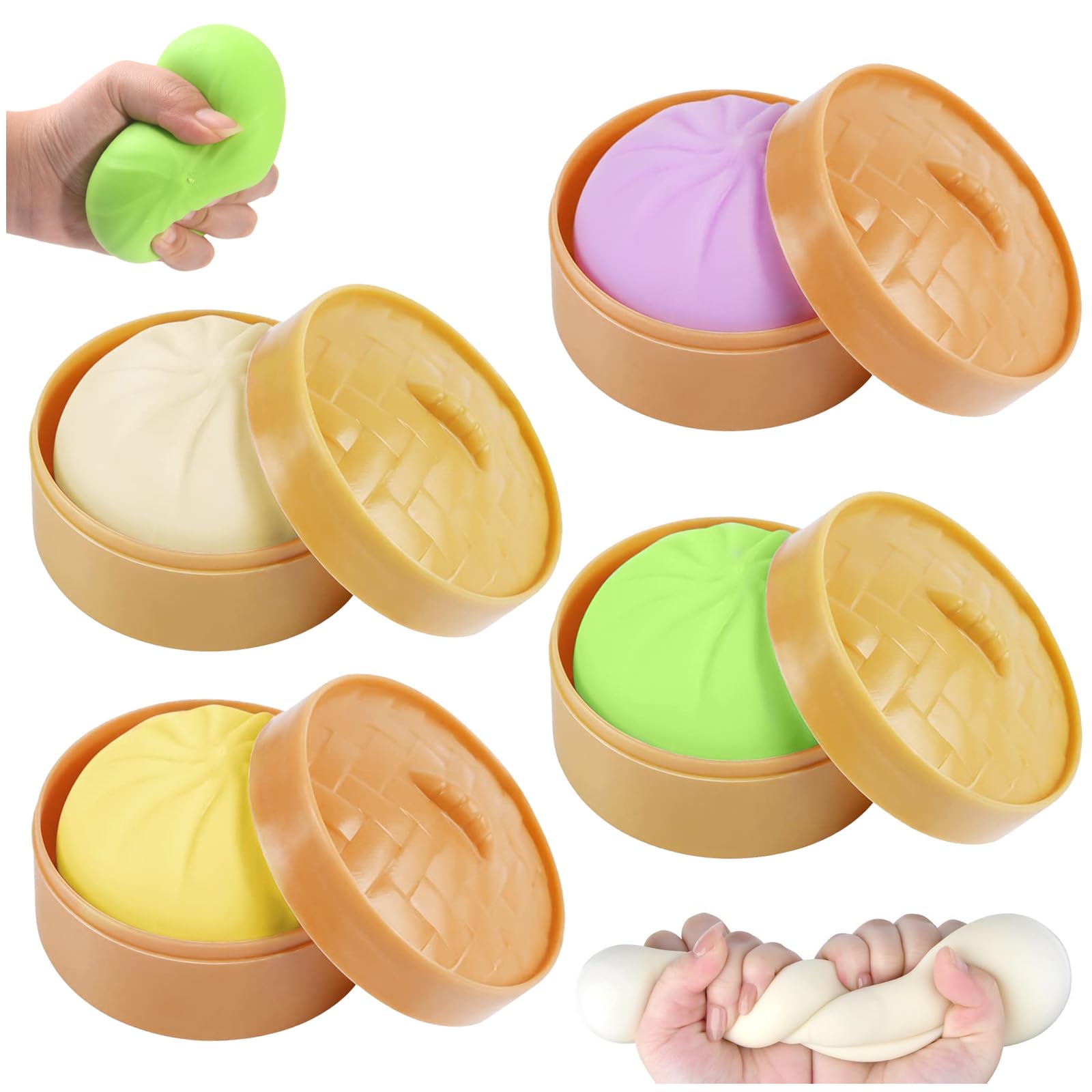 4 Pcs Giant Dumpling Squishy,Colorful Dumplings Stress Fidget,Squishy Dumplings Stress Toys with Steamer Box,Mystery Dumpling Squishies for Kids & Adults Home Office Classroom