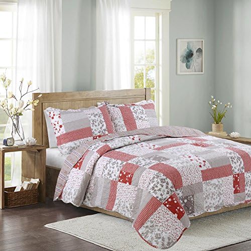 3 PC Microfiber Reversible Patchwork Quilt Set -- Bedspread/ Coverlet/ Bed Cove/ by Hasiel (Multi Red &amp; Light -brown, Queen &amp; Oversized Queen)