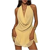 SOLY HUX Women's Halter Mini Dress Deep V Neck Draped Ruffle Hem Backless Sleeveless Party Dresses