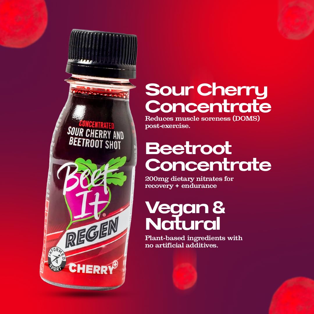 Beet It Regen Cherry+ Energy Shots 70ml – Beet Juice & Tart Cherry Juice Concentrate to Boost Muscle Recovery & Endurance – 200mg Dietary Nitrates – Pack of 15