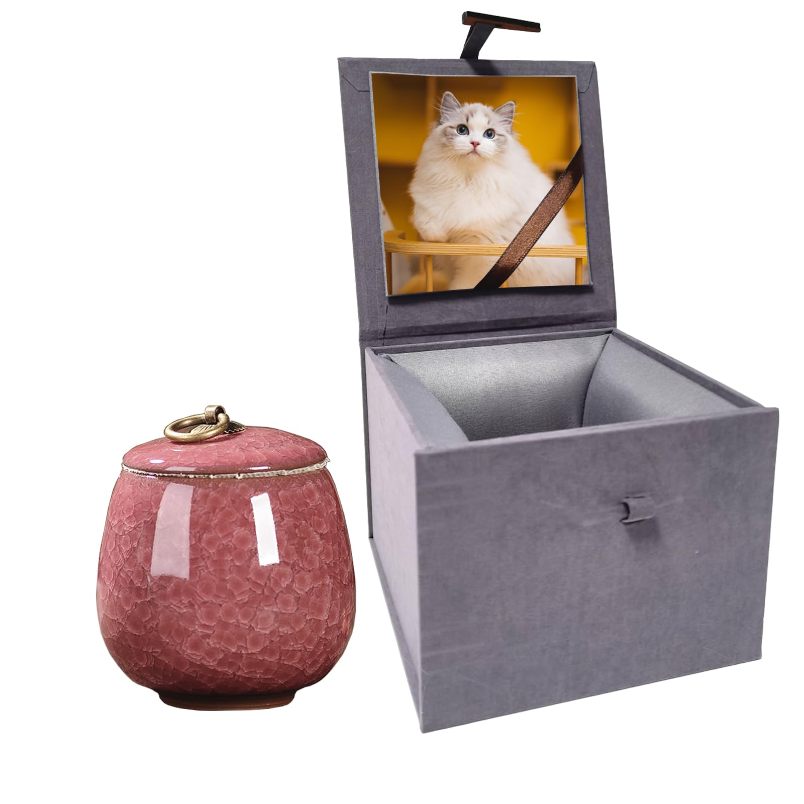 Ceramic Pet Urn with Photo Display Box, Handcrafted Memorial Keepsake for Ashes, Dog and Cat Ashes Holder, Rose Red — image 1