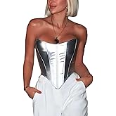 ABMOIU Leather Corset Tops for Women Strapless Lace Up Boned Sweetheart Neck Bodyshaper Bustier Sexy Crop Top