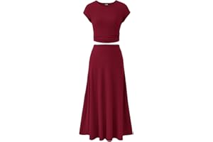 BTFBM Women Two Piece Skirt Set Summer 2025 Casual Vacation Crew Neck Short Sleeve Cropped Top Elastic Waist Midi Skirts