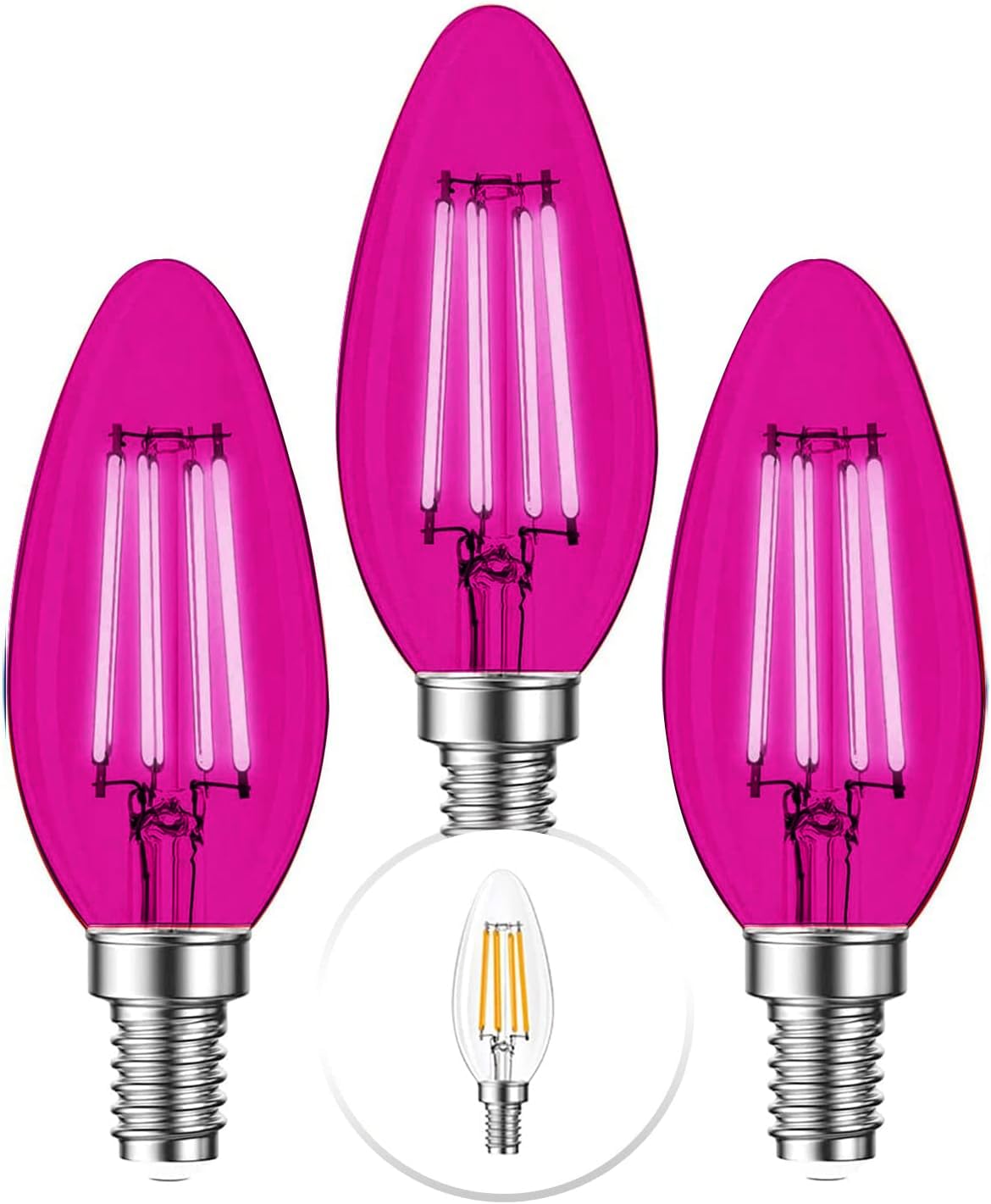 Photo 1 of 3 Pack E12 Filament LED Pink Light Bulbs – E12 Candelabra Bulb 4W 40 Watt Equivalent - Vintage Decorative Lighting Pink LED Bulb Party Decoration, Porch, Halloween Light Bulbs
