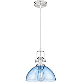 Audickic Pendant Lights Kitchen Island, 10.5" Farmhouse Pendant Lighting with Blue Seeded Glass Shade, Vintage Hanging Light 