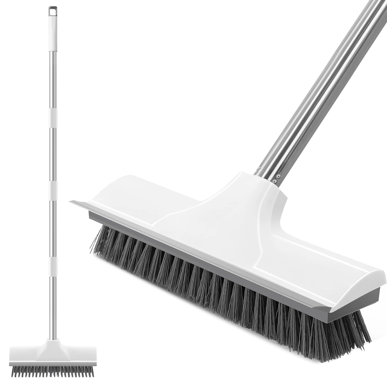 Newthinking Floor Scrubbing Brush with Long Handle, Heavy Duty Stiff Bristle Floor Brush with Squeegee for Cleaning Bathroom Deck Tile Patio, White