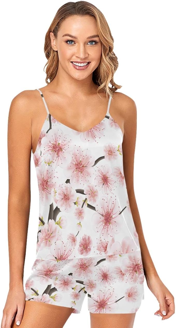 Cherry Blossoms Pajamas Set Sexy Sleepwear Womens Silk Lingerie 2 Piece