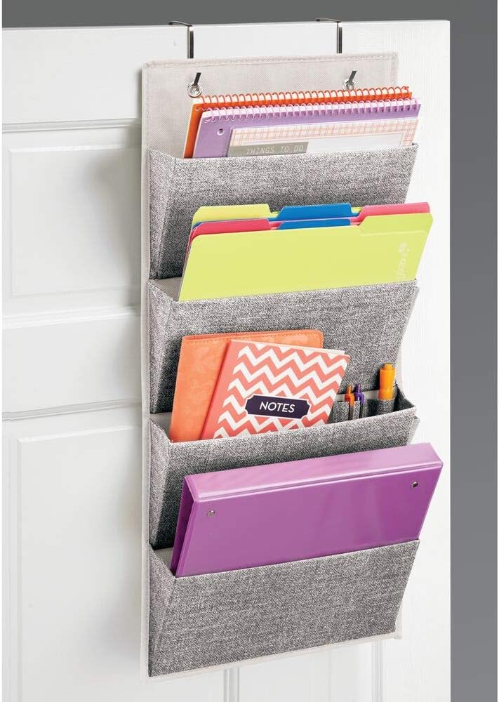 mDesign Soft Fabric Wall Mount, Over Door Hanging Storage Organizer - 4 Large Cascading Pockets - Holds Office Supplies, Planners, File Folders, Notebooks - Textured Print - Charcoal Gray : Office Products