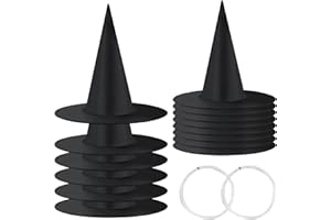 LeeLoon Witch Hat, 14 Pack Halloween Hanging Witch Hats with 200 Feet Hanging Rope, Witch Costume Accessory for Halloween Party Yard Decoration and Carnivals - Black