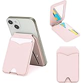LUVI Magnetic Wallet Stand with Mirror Compatible with Magsafe Adjustable Kickstand PU Leather Card Holder Back of Phone for iPhone 16/15/14/13/12 Series -Pink