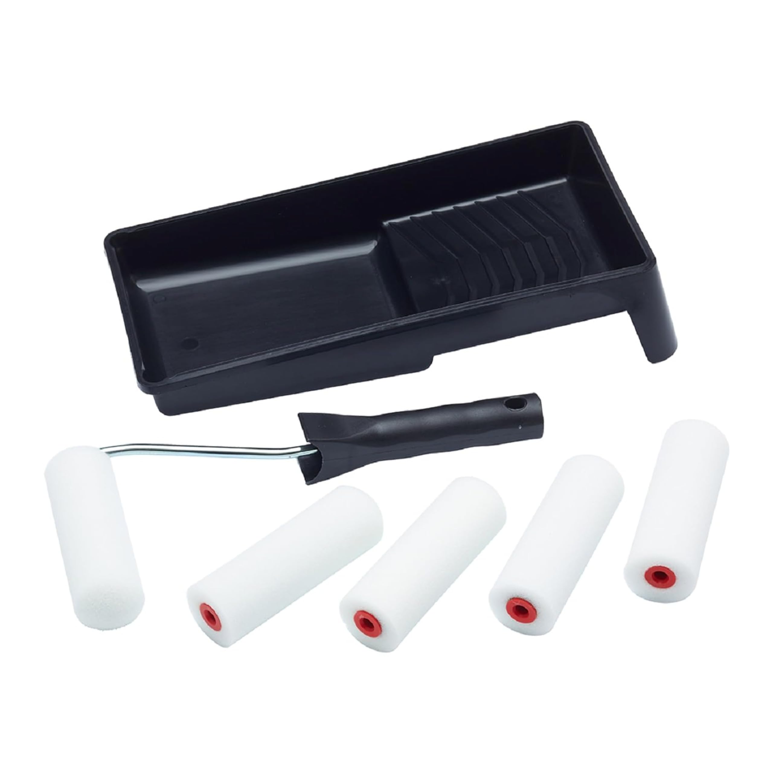 ProDec Contractor 7 Piece Foam 4 inch Mini Paint Rollers, Frame and Tray Set for Painting with Gloss and Satin Paints on Skirting Boards, Window Sills, Panel Doors, Cabinets, Metal and More, 4"