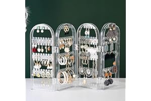 Foldable 4-Panel Jewelry Organizer Display Stand for Storing Earrings, Necklaces and Accessories (Transparent)