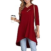 Naggoo Womens Long Shirts for Leggings 3/4 Sleeve Tunic Tops Loose Fit Dressy Casual V Neck High Low Tops Button Decor